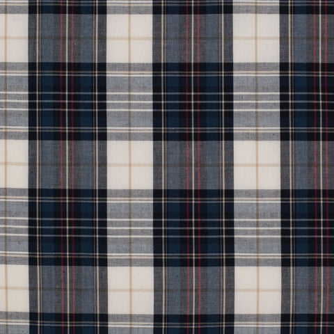 Plaid fabric pattern with blue, white, and red colors.