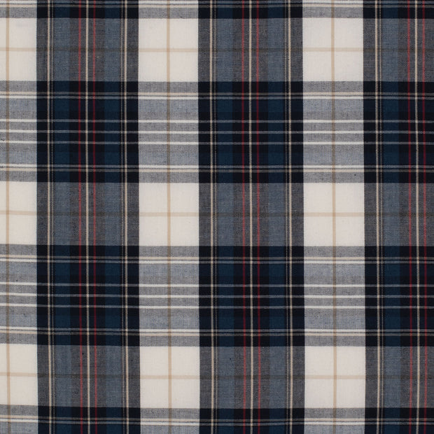 Plaid fabric pattern with blue, white, and red colors.