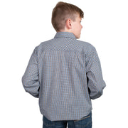 Child wearing a blue checkered shirt on a white background