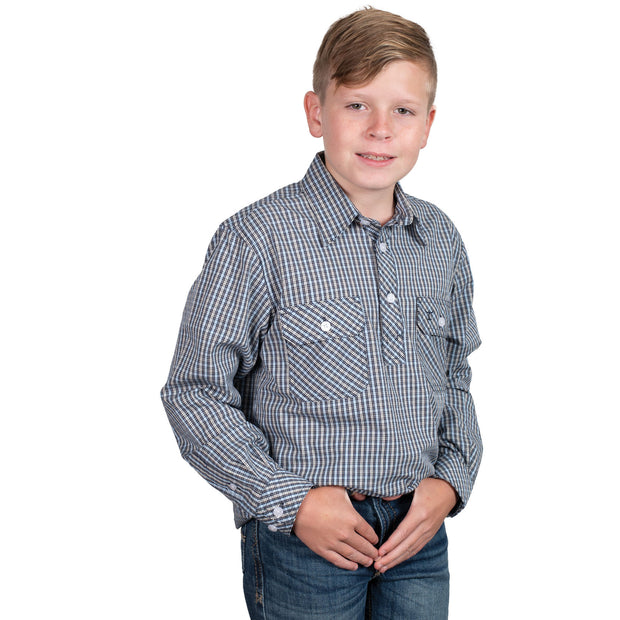 Child wearing a blue checkered shirt on a white background