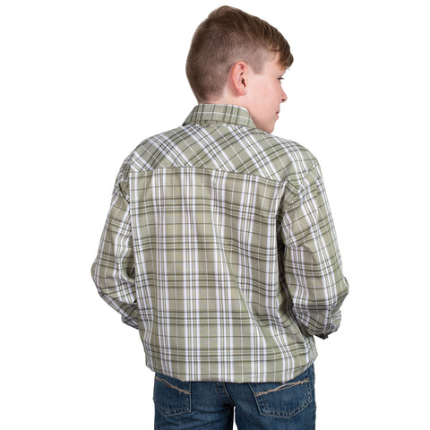 Child wearing a green plaid shirt on a white background