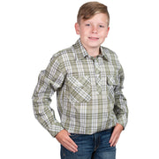 Child wearing a green plaid shirt on a white background
