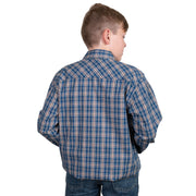 Child wearing a blue plaid shirt on a white background