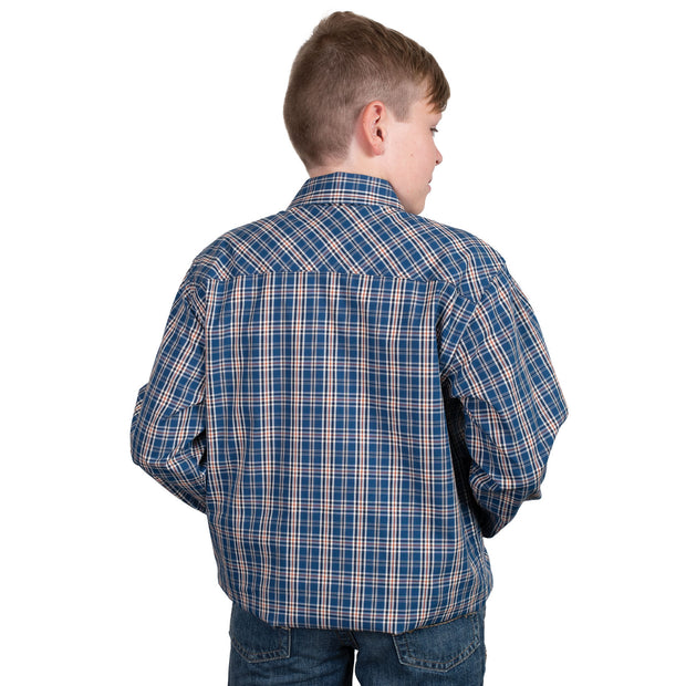 Child wearing a blue plaid shirt on a white background