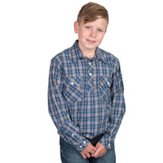 Child wearing a blue plaid shirt on a white background
