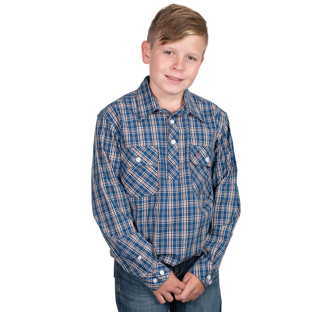 Child wearing a blue plaid shirt on a white background