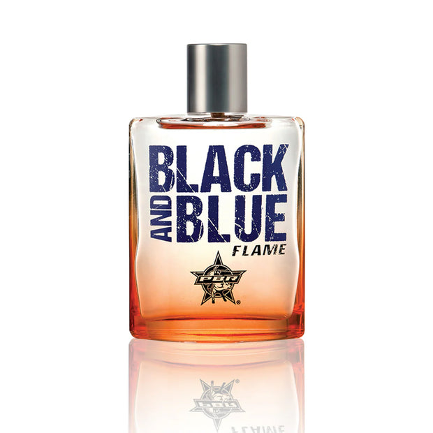 Perfume bottle labeled 'Black and Blue Flame' on a white background