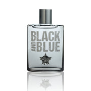 Clear glass perfume bottle with 'Black and Blue' text and logo on a white background