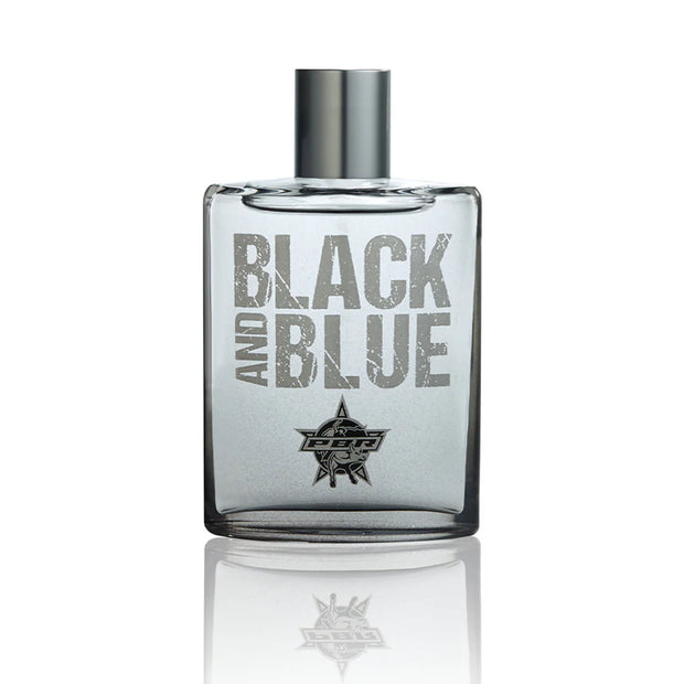 Clear glass perfume bottle with 'Black and Blue' text and logo on a white background