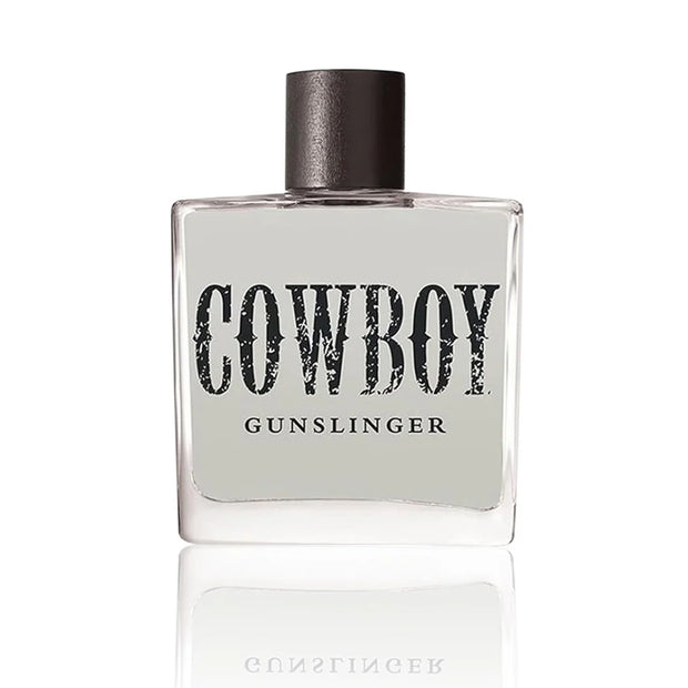 Perfume bottle labeled 'Cowboy Gunslinger' on a white background
