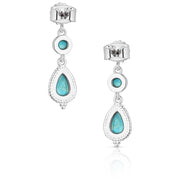 Pair of silver earrings with turquoise stones on a white background