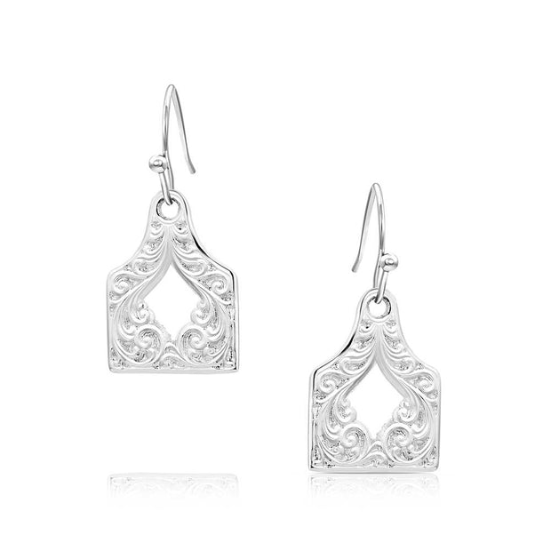 Pair of silver earrings with intricate designs on a white background