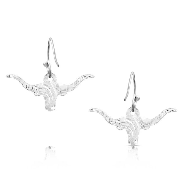 Silver longhorn bull head earrings on a white background
