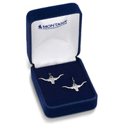 Longhorn silver earrings in a Montana Silversmiths box on a white background