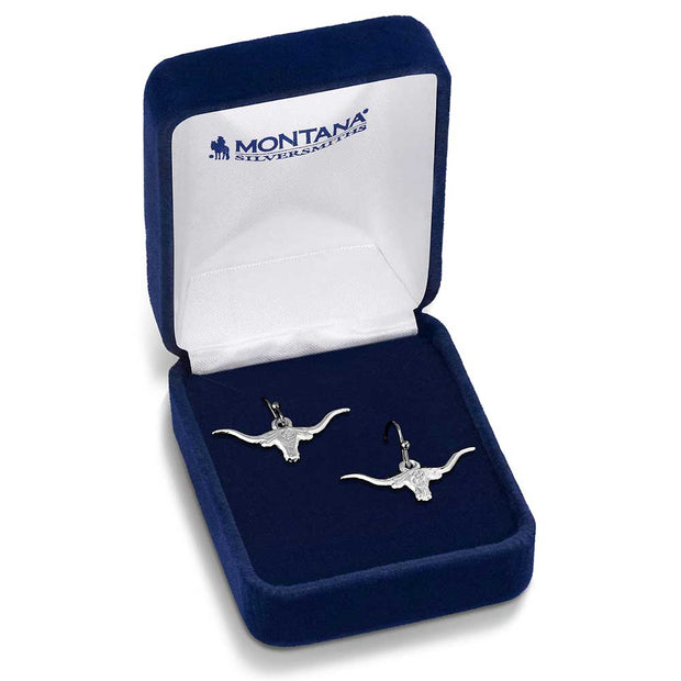 Longhorn silver earrings in a Montana Silversmiths box on a white background