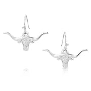 Silver longhorn bull head earrings on a white background