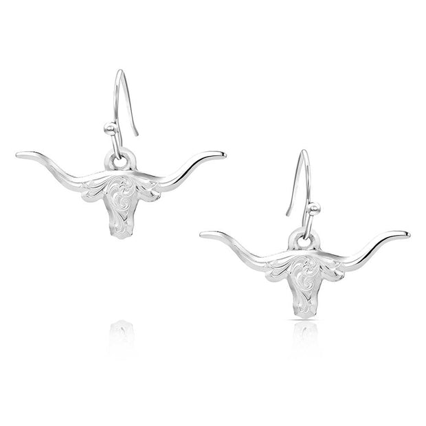 Silver longhorn bull head earrings on a white background