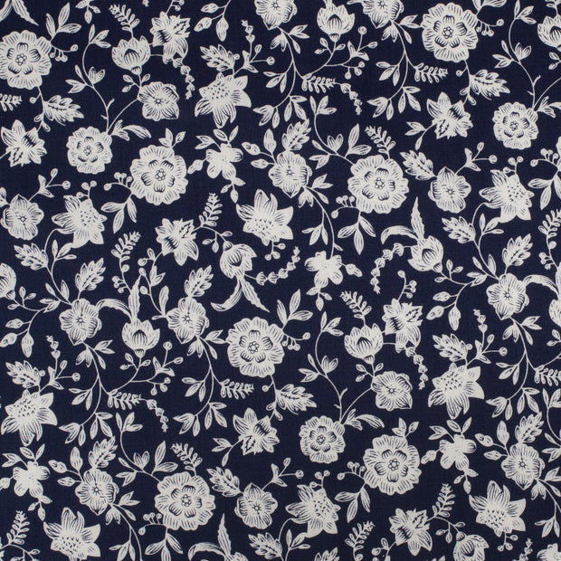 Navy blue fabric with white floral pattern