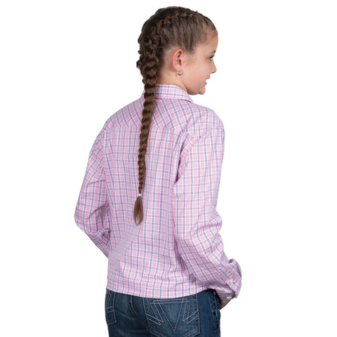 Young girl wearing a pink plaid shirt on a white background