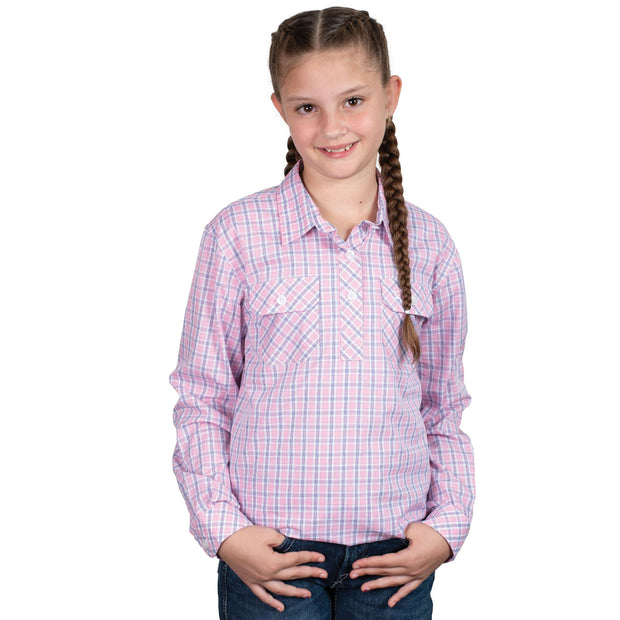Young girl wearing a pink plaid shirt on a white background