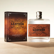 Leather Private Reserve cologne spray bottle and packaging on a beige background