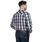 Man wearing a plaid shirt and jeans on a white background
