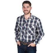 Man wearing a plaid shirt and jeans on a white background