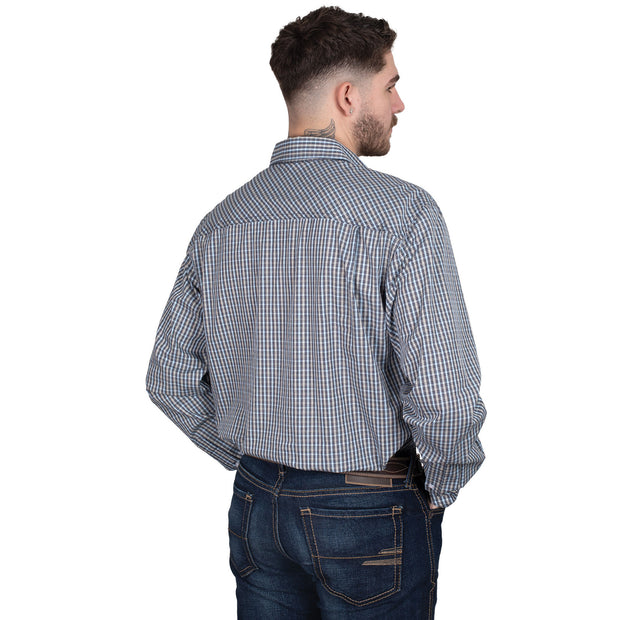Man wearing a blue checkered shirt on a white background