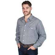 Man wearing a blue checkered shirt on a white background