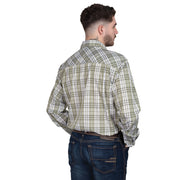 Man wearing a green plaid shirt and jeans on a white background