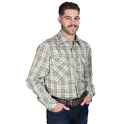 Man wearing a green plaid shirt and jeans on a white background