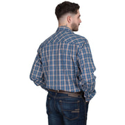 Man wearing a blue plaid shirt on a white background