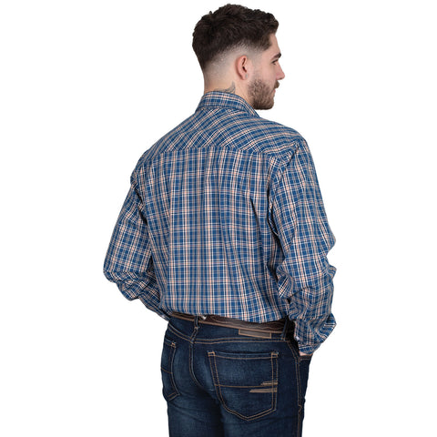 Man wearing a blue plaid shirt on a white background