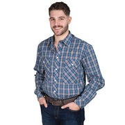 Man wearing a blue plaid shirt on a white background