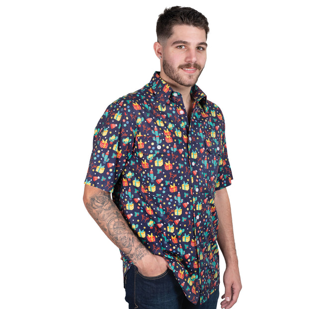 Men's Christmas inspired navy party shirt - front view