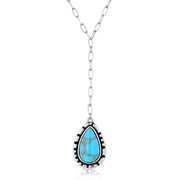 Necklace with a teardrop-shaped turquoise pendant on a white background
