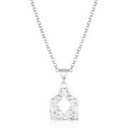 Silver necklace with a detailed pendant on a white background