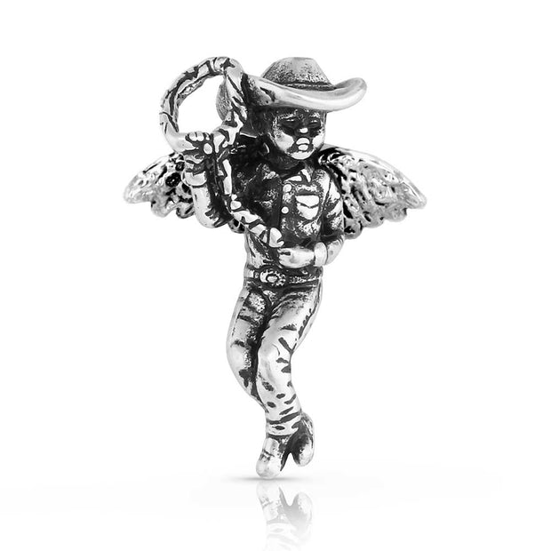 Silver angel with cowboy hat charm on a white background