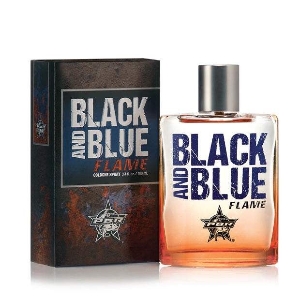 Perfume bottle and packaging of 'Black and Blue Flame' cologne spray on a white background