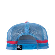 Blue and pink cap with cactus pattern on a white background