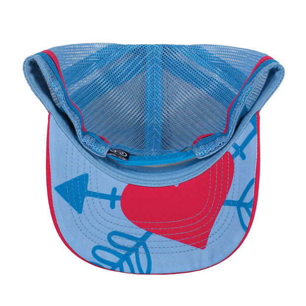 Blue and pink cap with cactus pattern on a white background