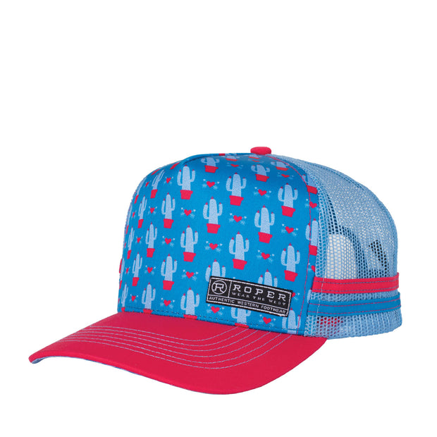 Blue and pink cap with cactus pattern on a white background