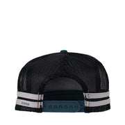 Dark teal trucker cap with skull logo and Roper brand