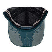 Dark teal trucker cap with skull logo and Roper brand