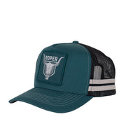 Dark teal trucker cap with skull logo and Roper brand