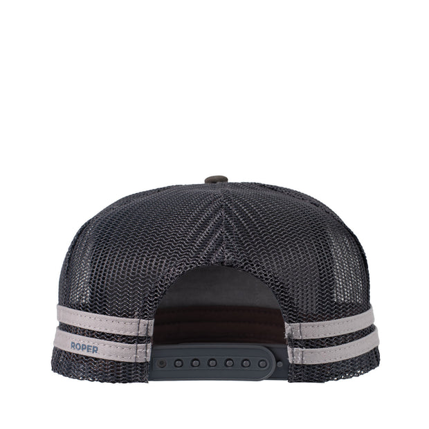 Dark brown trucker cap with skull logo and Roper brand