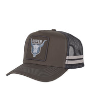 Dark brown trucker cap with skull logo and Roper brand