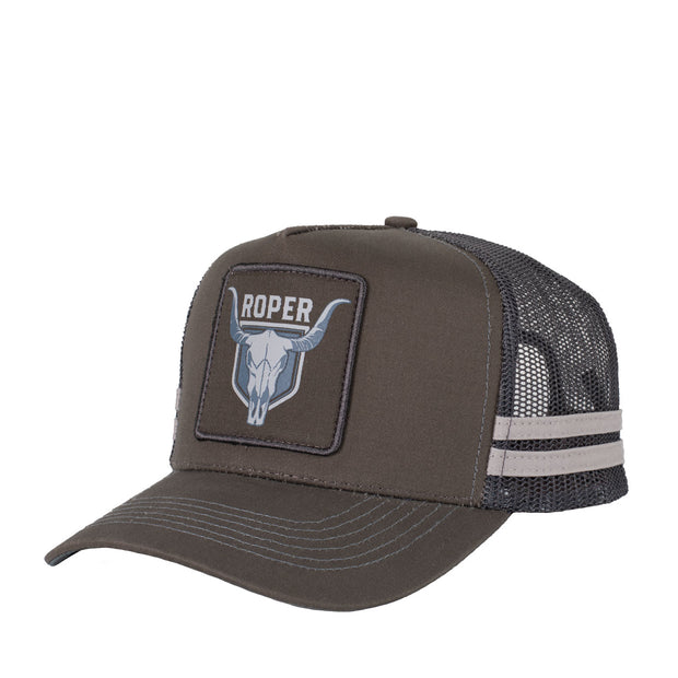 Dark brown trucker cap with skull logo and Roper brand