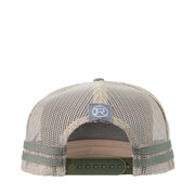 Green trucker hat with a leather patch on a white background