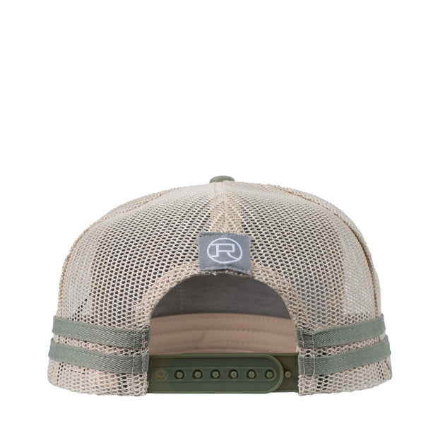 Green trucker hat with a leather patch on a white background